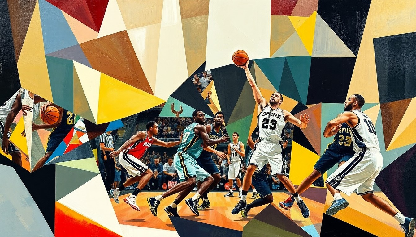 A cubist, geometric painting depicting a Spurs basketball game, with the players' forms abstracted into angular, colorful shapes that capture the energy and movement of the game.