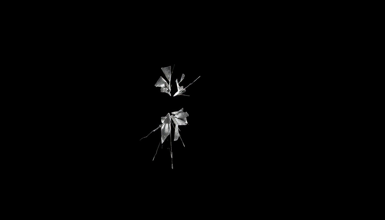 An extreme close-up photograph of a broken window lock, the metallic surface reflecting the harsh light of the camera flash against a pitch-black background, conceptually representing evidence of a home break-in.