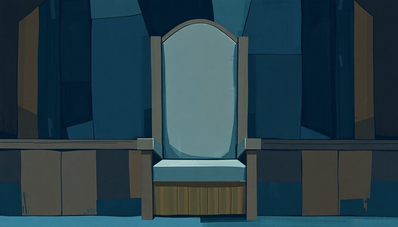 A heavily textured, fragmented painting in shades of navy, indigo, and charcoal depicting an empty, high-backed judicial chair, conveying a sense of institutional dysfunction and lack of transparency.