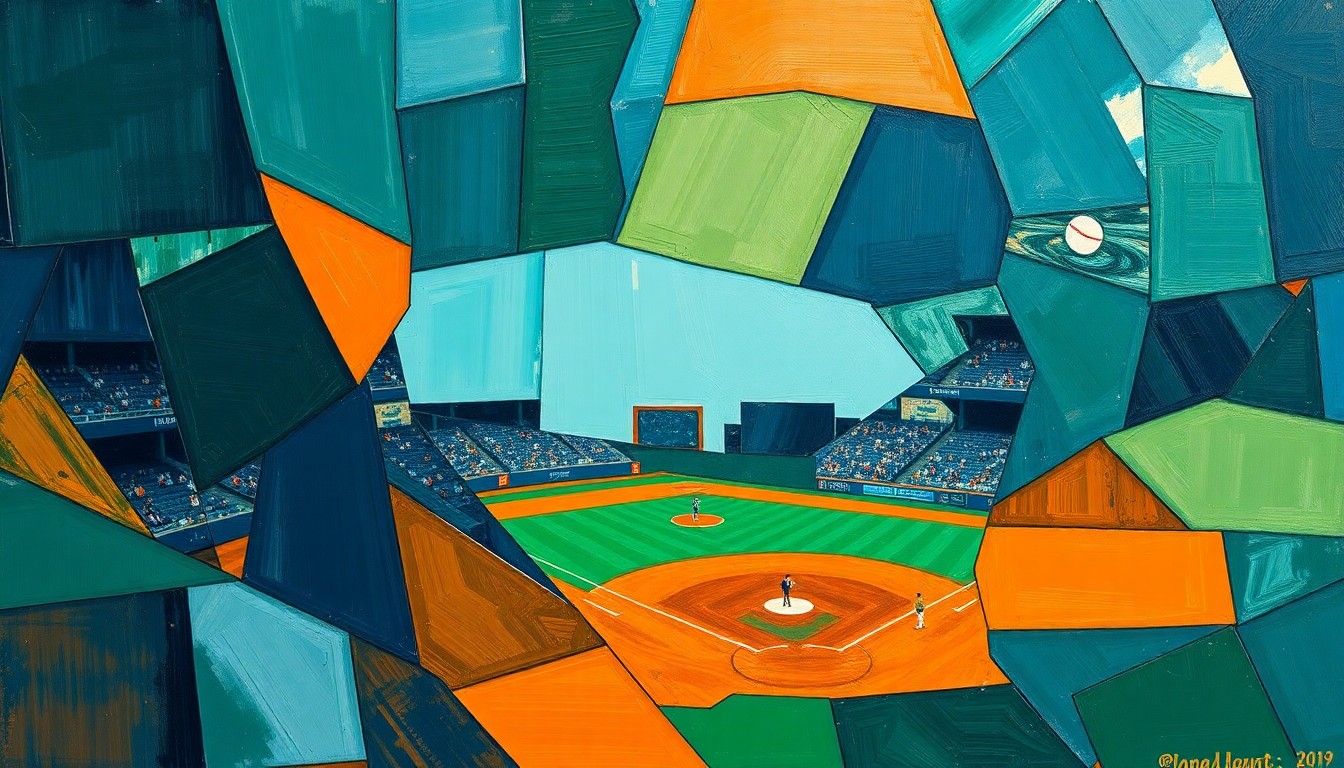 A cubist, geometric painting depicting a baseball game broken down into overlapping planes of navy, green, and orange, conveying the disruption caused by a weather delay.