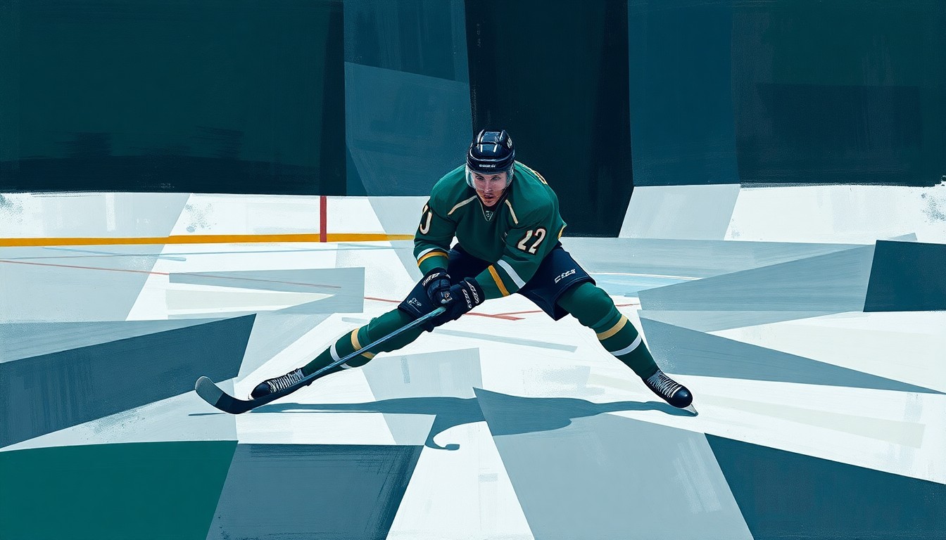 A fractured, geometric painting depicting a hockey defenseman's movements and positioning on the ice, with sharp, overlapping planes in muted tones of navy, slate, and forest green.
