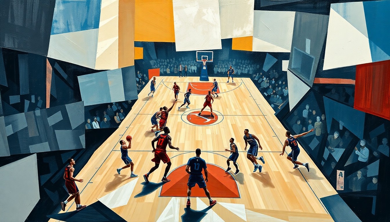 A fragmented, geometric painting depicting a basketball game in motion, with the players and court broken down into sharp, overlapping shapes and planes, conveying the disruption and energy of the postponed NBA matchups.