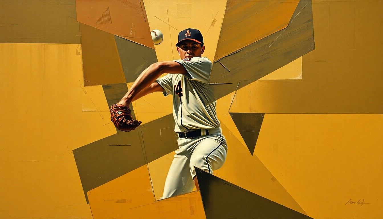 A fragmented, geometric painting depicting a baseball pitcher's windup and delivery, with sharp, overlapping planes in muted earth tones conveying the dynamic motion of the sport.