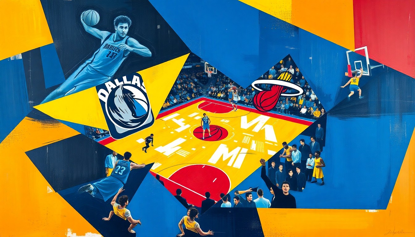 A fragmented, geometric painting depicting a basketball game between the Dallas Mavericks and Miami Heat, with sharp planes of color and overlapping shapes conveying the intensity and unpredictability of the matchup.