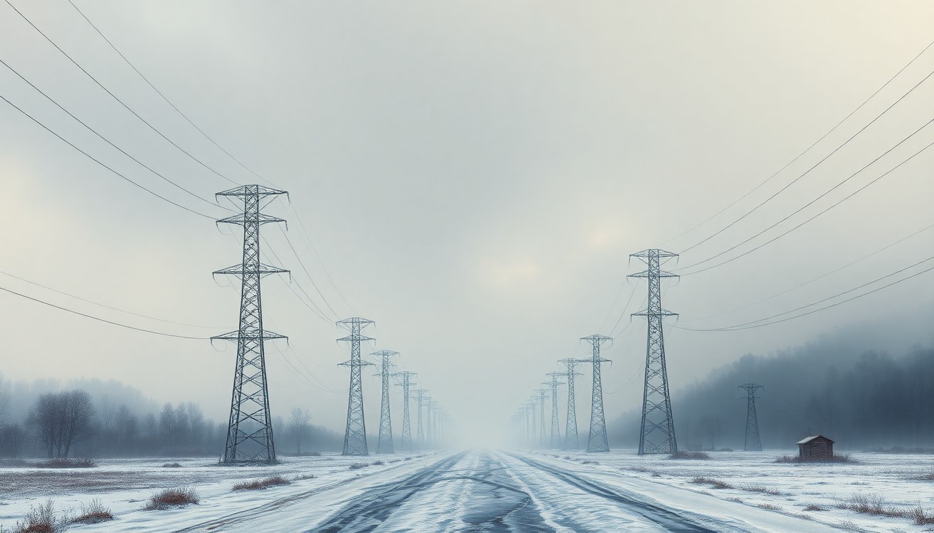 A vast, atmospheric landscape painting in muted tones of grey and blue, depicting a frozen power line corridor obscured by heavy fog, the towering utility poles and sagging wires dwarfed by the overwhelming scale of the natural environment.