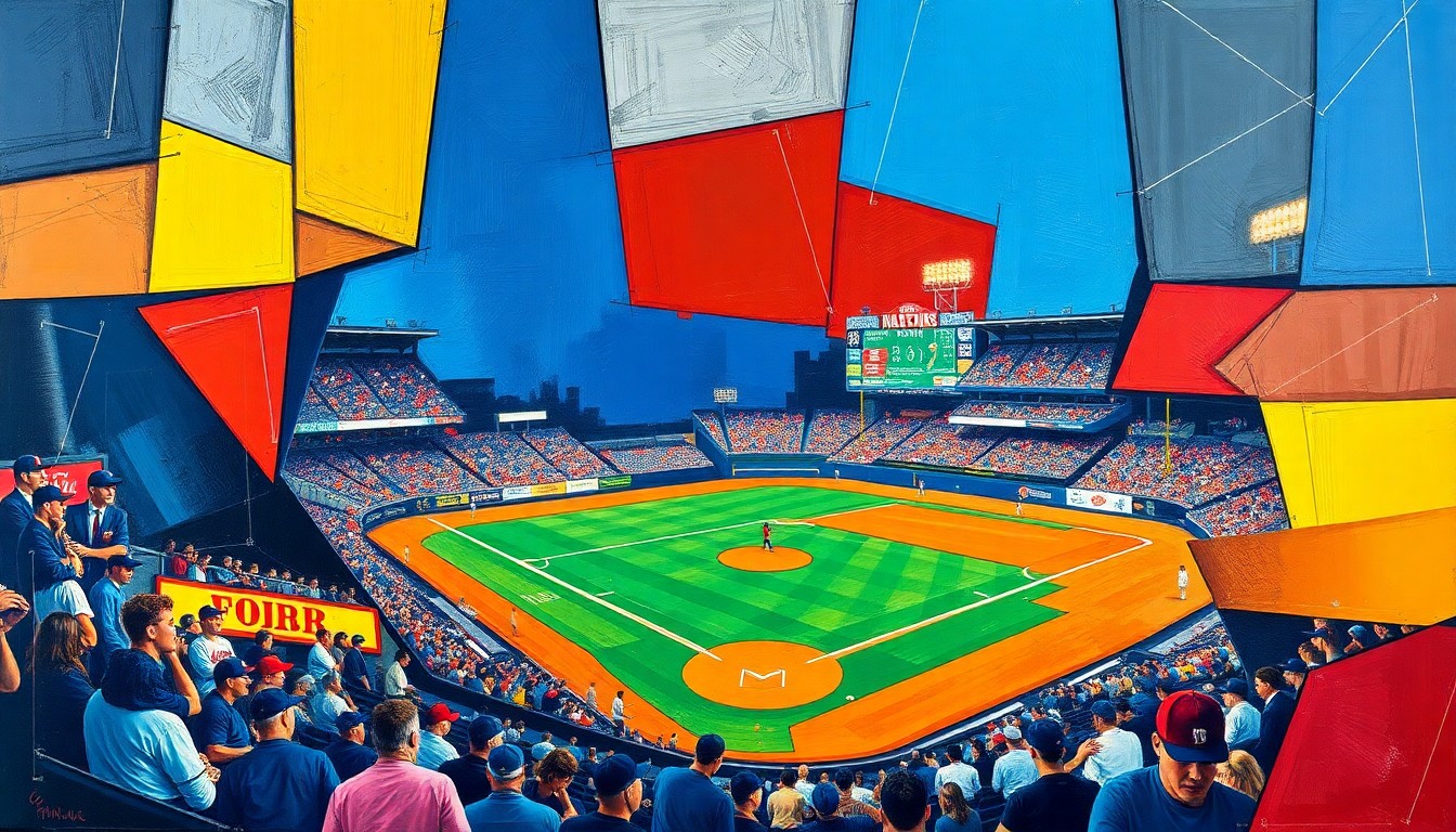 A cubist, geometric painting depicting a baseball game or match, with sharp, overlapping planes of color representing the dynamic action on the field.