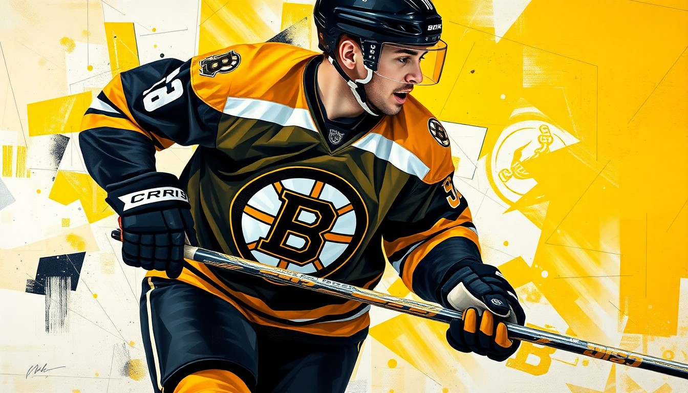 A fractured, geometric painting depicting a hockey player in motion, with sharp, overlapping planes of black, gold, and white representing the Boston Bruins' colors and the dynamic energy of the sport.