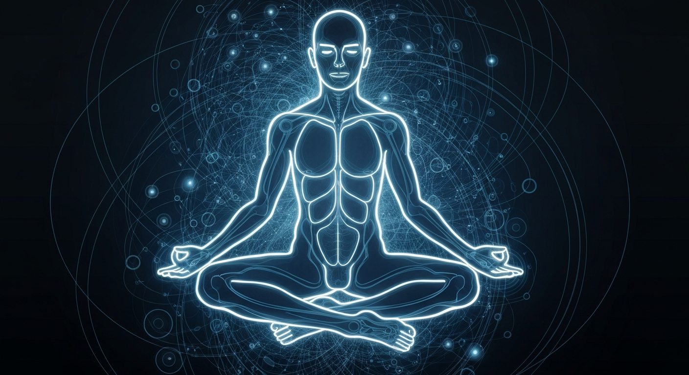 A vibrant, neon-outlined illustration of a human figure in a meditative pose, surrounded by swirling, abstract shapes and lines that conceptually represent the interconnected systems of the body.