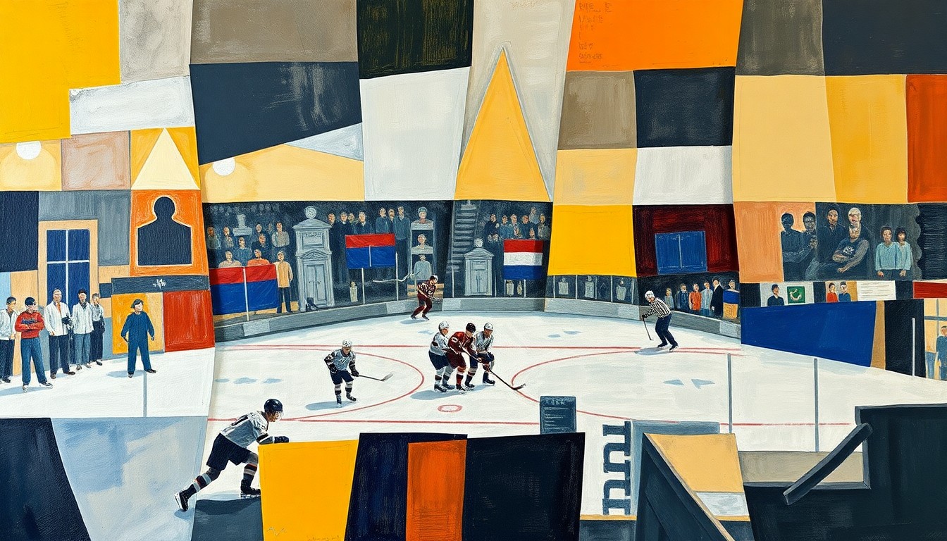 A fragmented, geometric painting depicting a hockey game, with players and the rink broken down into sharp, overlapping planes of color and shape, conveying the high-stakes tension of the Flyers' playoff chase.