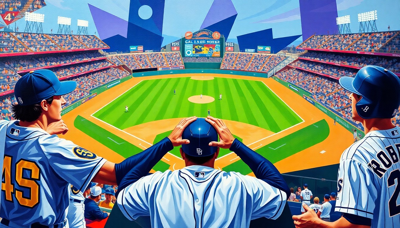A fractured, multi-perspective painting in vibrant colors, breaking down a baseball game between the Padres and Rockies into sharp, overlapping geometric planes and angular, deconstructed player forms.