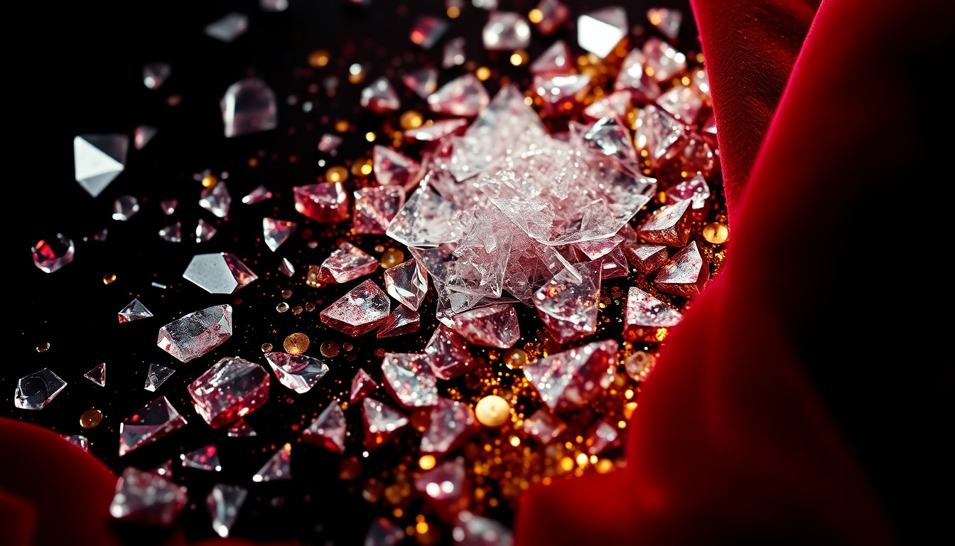 An abstract close-up image featuring shattered glass, glittering sequins, and rich velvet textures in a vibrant color palette of deep reds, golds, and blacks, capturing the glamour and drama of the entertainment industry.