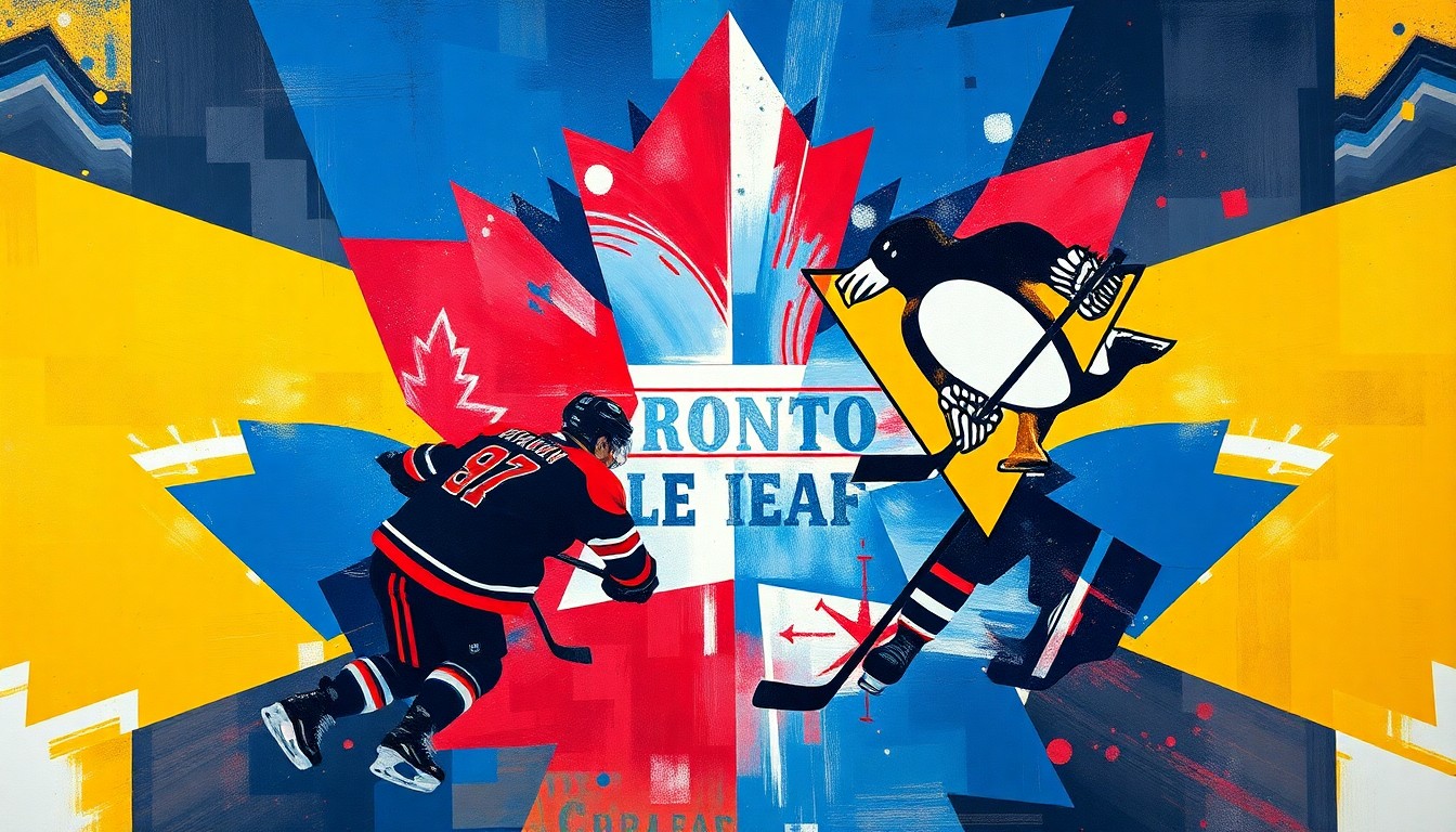 A fractured, geometric painting depicting a hockey game in motion, with sharp, overlapping planes of color representing the dynamic action on the ice.