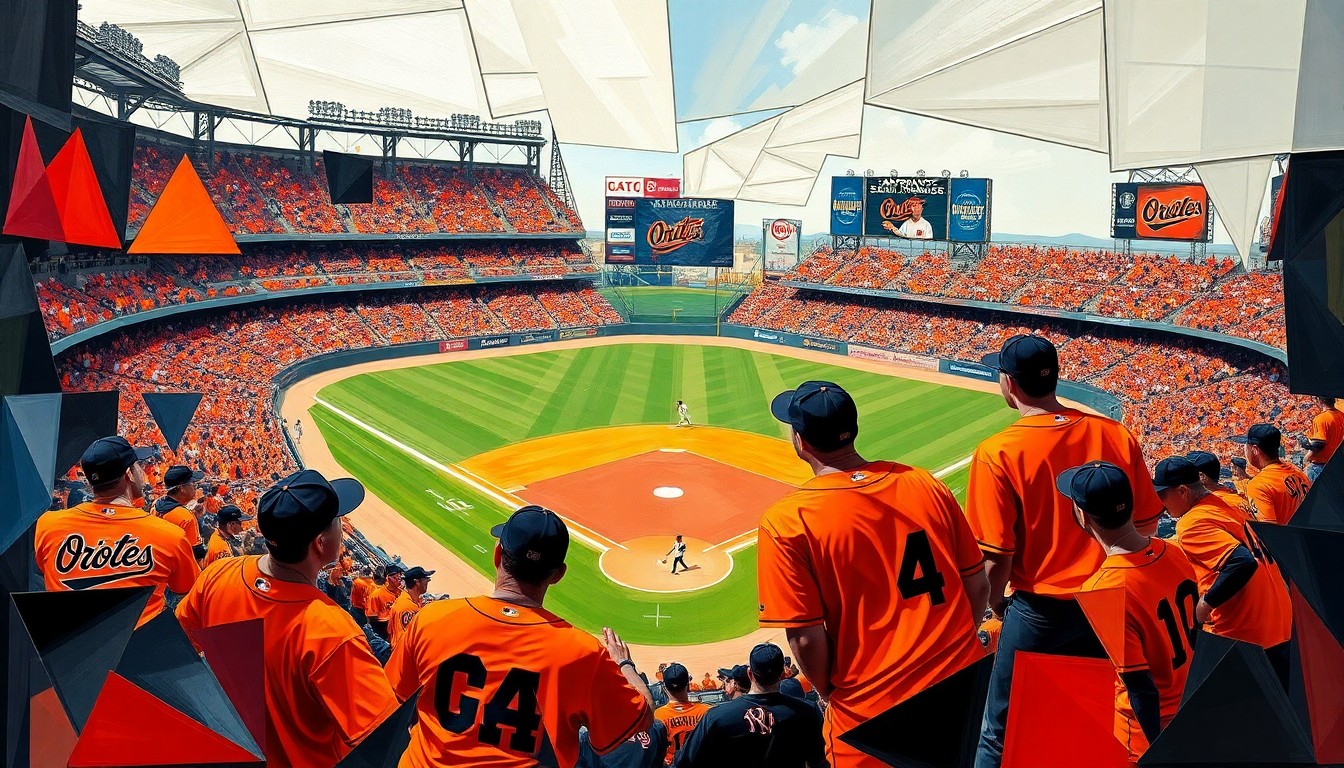 A fractured, cubist-style painting depicting a baseball game between the Baltimore Orioles and San Francisco Giants, with the players and field broken down into sharp, overlapping geometric shapes and planes in vibrant orange, black, and other colors.