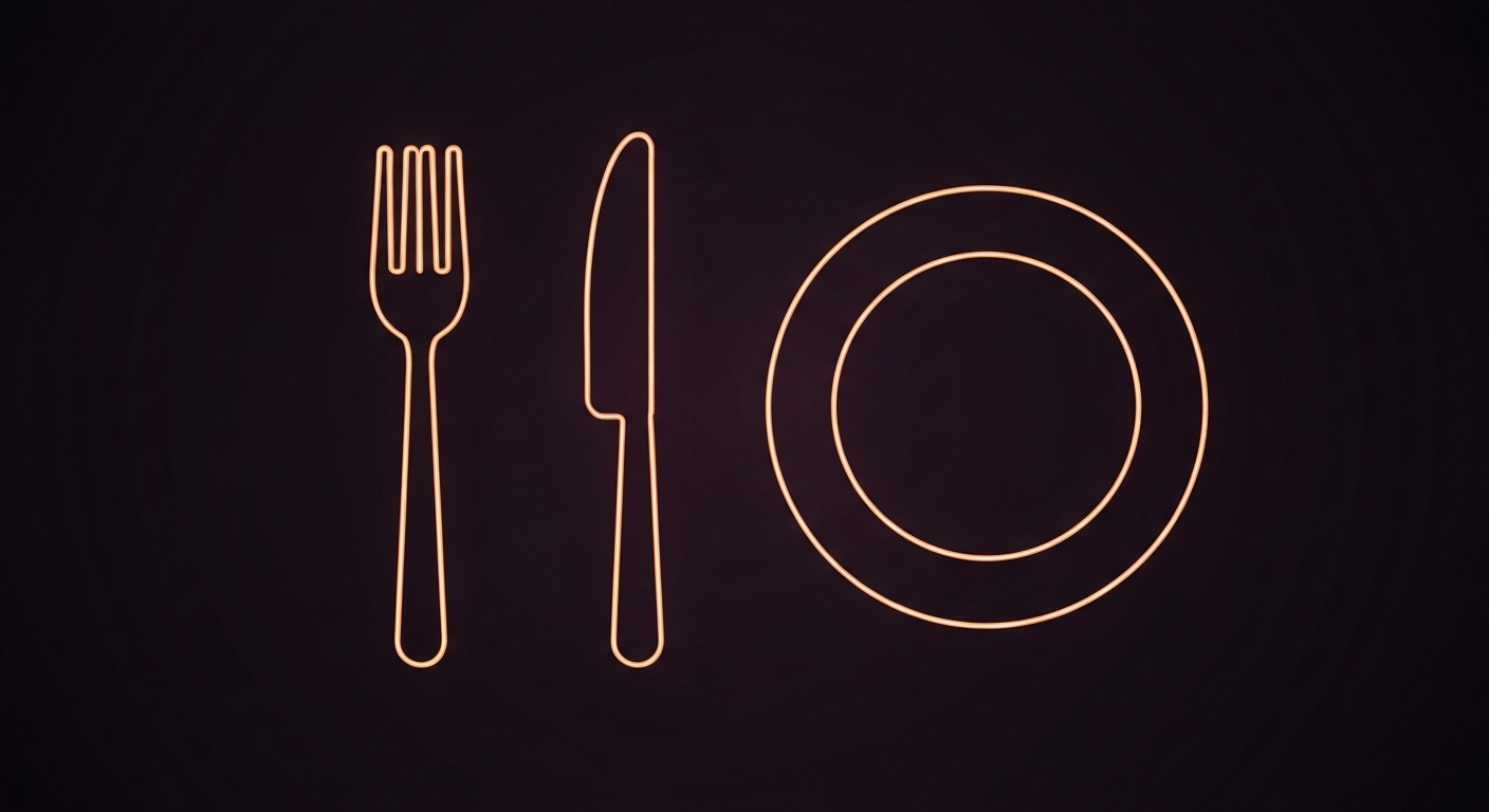 A minimalist design in the style of Keith Haring, with a glowing neon outline of a fork, knife, and plate against a deep, dark background, conceptually representing the need for improved food safety and hygiene in local restaurants.