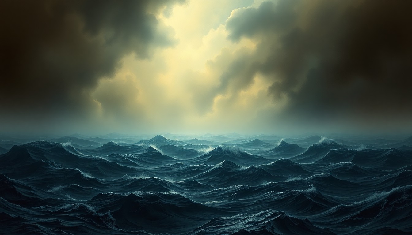 A dramatic, atmospheric landscape painting depicting a stormy, turbulent ocean under a moody, overcast sky, with no visible human figures or structures, conveying the overwhelming power and scale of nature.