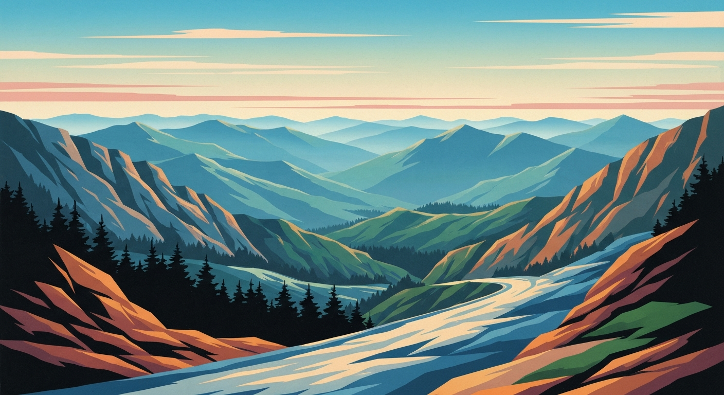 A bold, geometric illustration in the style of A.M. Cassandre, depicting the sweeping, mountainous landscape of Blowing Rock, North Carolina, with smooth, airbrushed gradients and streamlined forms, capturing the grand scale and romance of travel in this quirky, vibrant town.