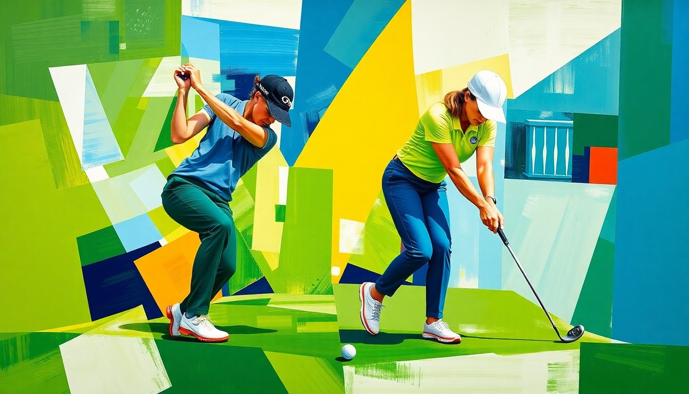 A fractured, cubist-style painting depicting the golf swings, putting strokes, and competitive action of Hyo Joo Kim and Nelly Korda in a dynamic, multi-perspective composition using vibrant shades of green, blue, and gold.