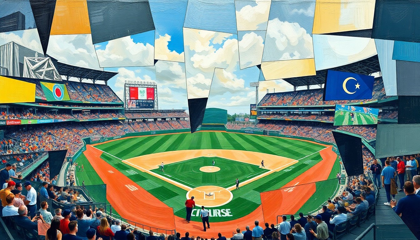 A cubist, geometric painting depicting a fragmented baseball game, with sharp, overlapping planes of color and shape representing the multifaceted perspectives and conflicts within the San Francisco Giants organization.
