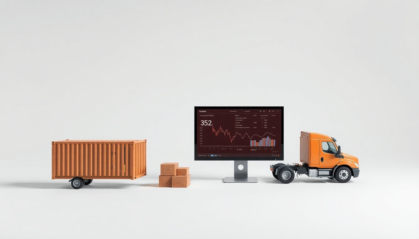A photorealistic studio still life featuring a shipping container, delivery truck, and computer monitor displaying logistics data, all arranged elegantly on a clean, monochromatic background and lit with dramatic studio lighting to convey the abstract concepts of global supply chains, logistics automation, and data-driven industry growth.