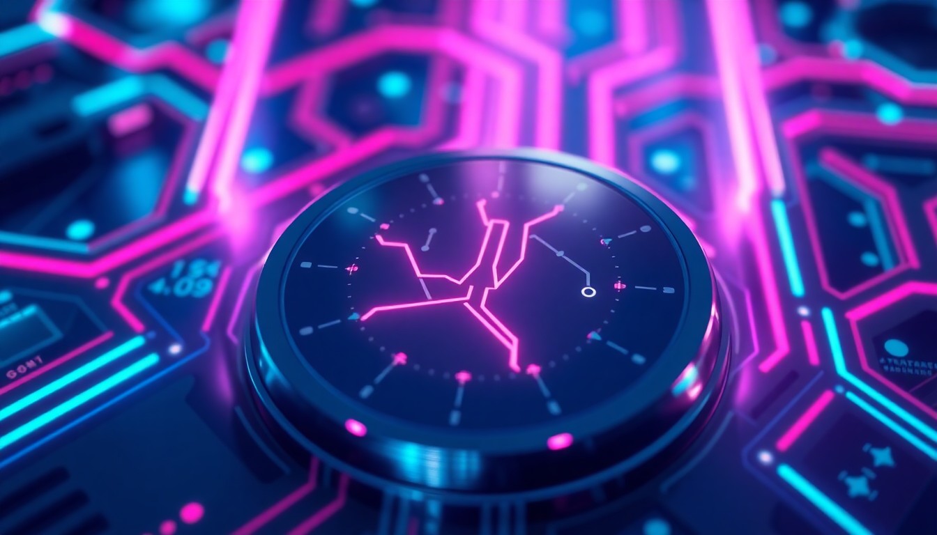 A detailed, glowing 3D illustration of a futuristic navigation system, with neon cyan and magenta lights illuminating the intricate hardware and infrastructure that powers modern navigation apps.