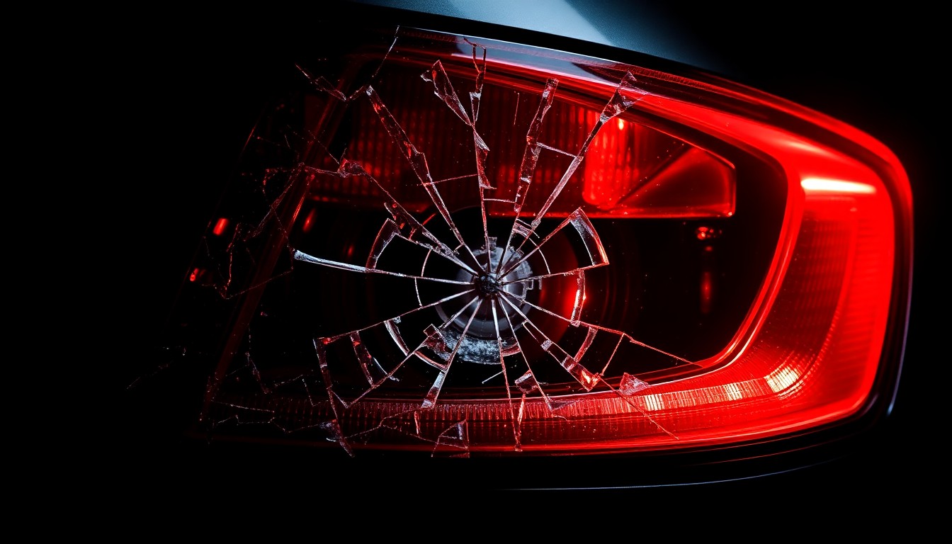 An extreme close-up photograph of a shattered car taillight lens, the cracked glass and twisted metal conceptually representing the aftermath of a violent highway collision.