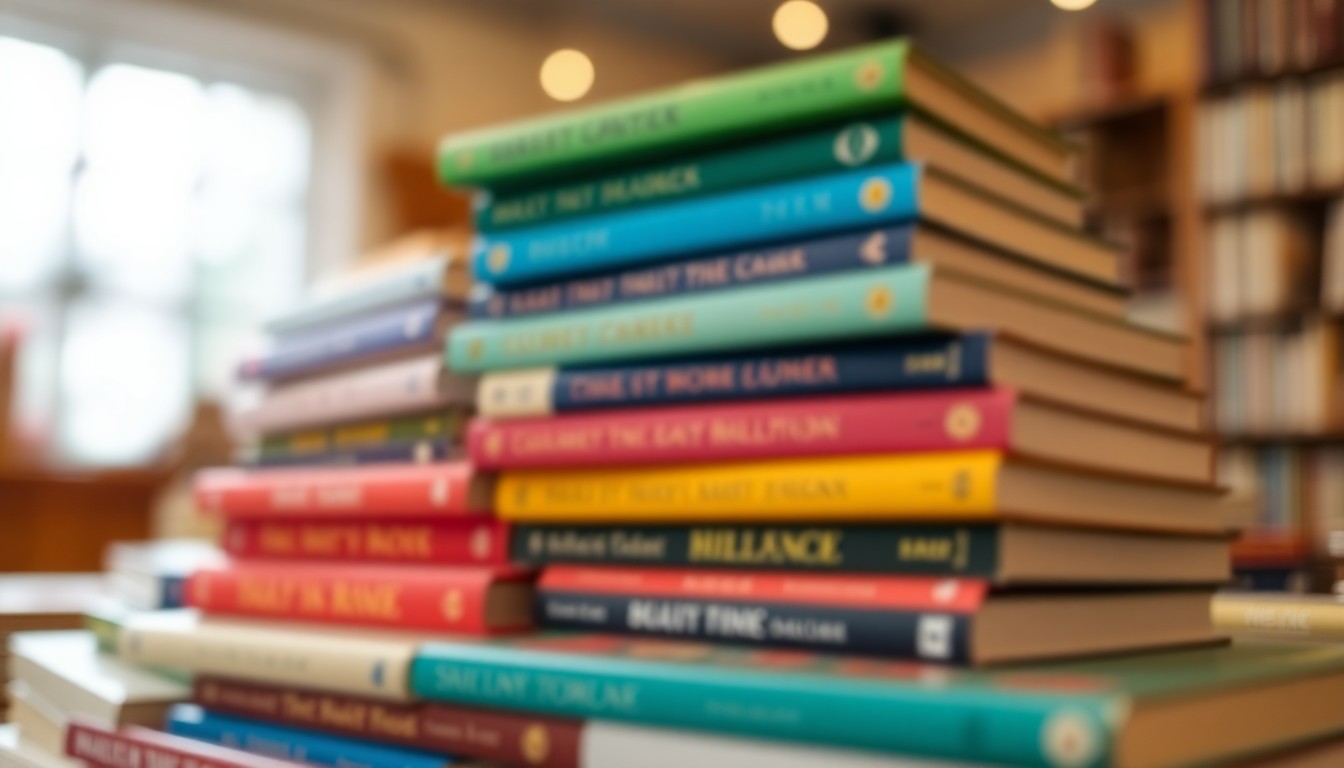 An abstract, impressionistic photograph of a stack of books in soft, blurred focus, conveying the warm, inviting atmosphere of a community book sale event.
