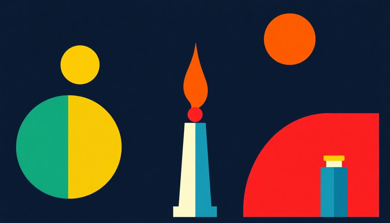 A vibrant abstract composition of overlapping triangles and circles in shades of blue, green, and orange, conveying the idea of a diversified, efficient energy landscape.