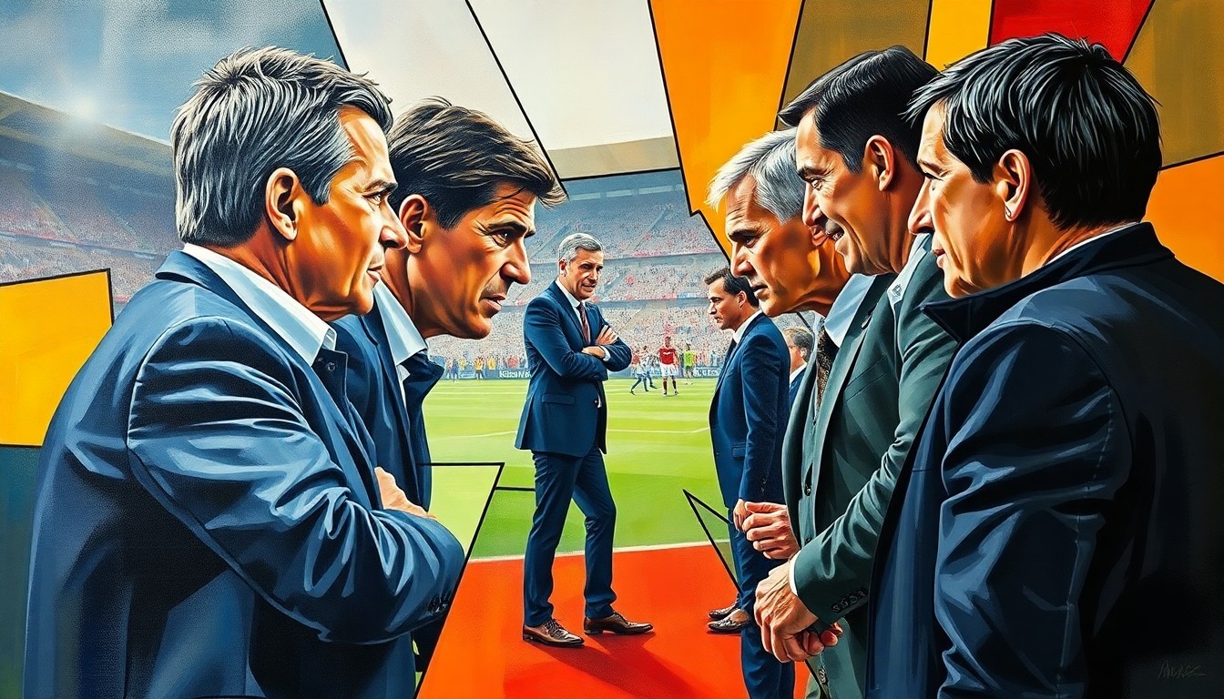 A cubist, geometric painting depicting a heated sideline confrontation between soccer figures, with sharp, overlapping planes of color and form.