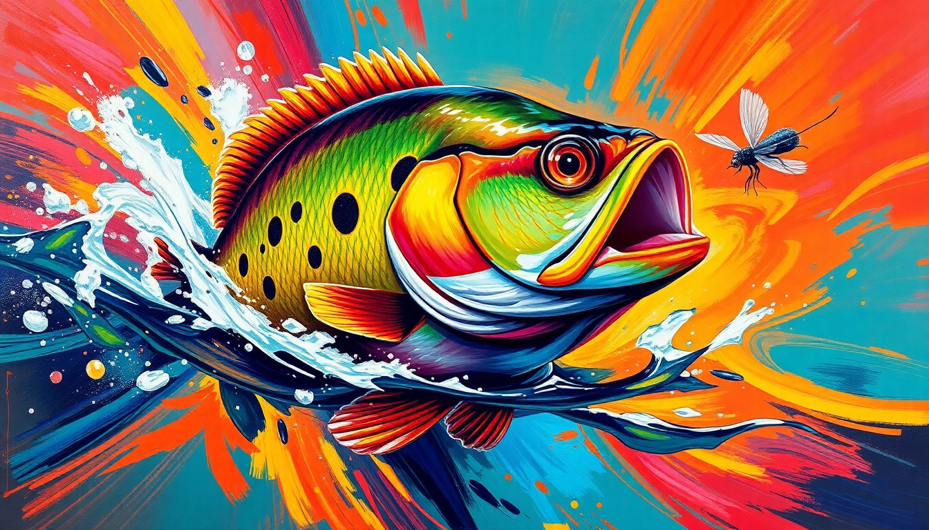 An abstract, energetic painting in neon colors depicting the explosive surface strike of a bluegill hitting a topwater fly, conveying the excitement and raw power of spring bream fishing.
