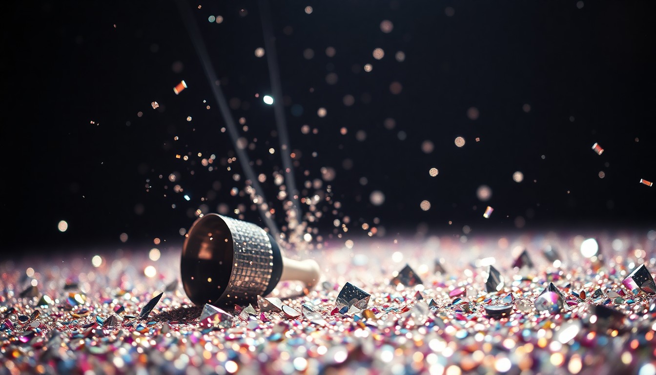 An extreme close-up of shimmering sequins and shattered glass reflecting dramatic studio lighting, conceptually representing the glitz and energy of a major music festival performance.