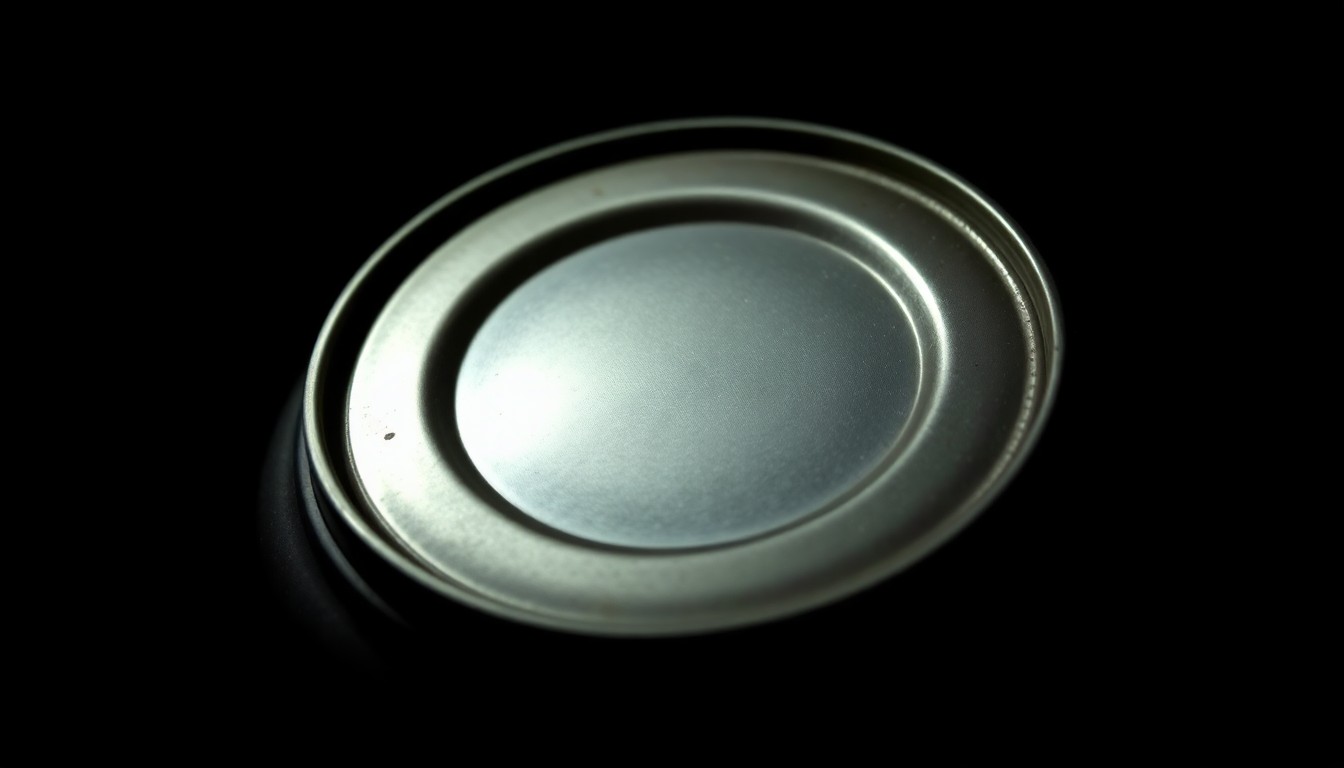 An extreme close-up of a gasoline can lid, the metal surface reflecting a harsh, direct camera flash against a pitch-black background, conceptually representing the physical evidence of a violent crime.