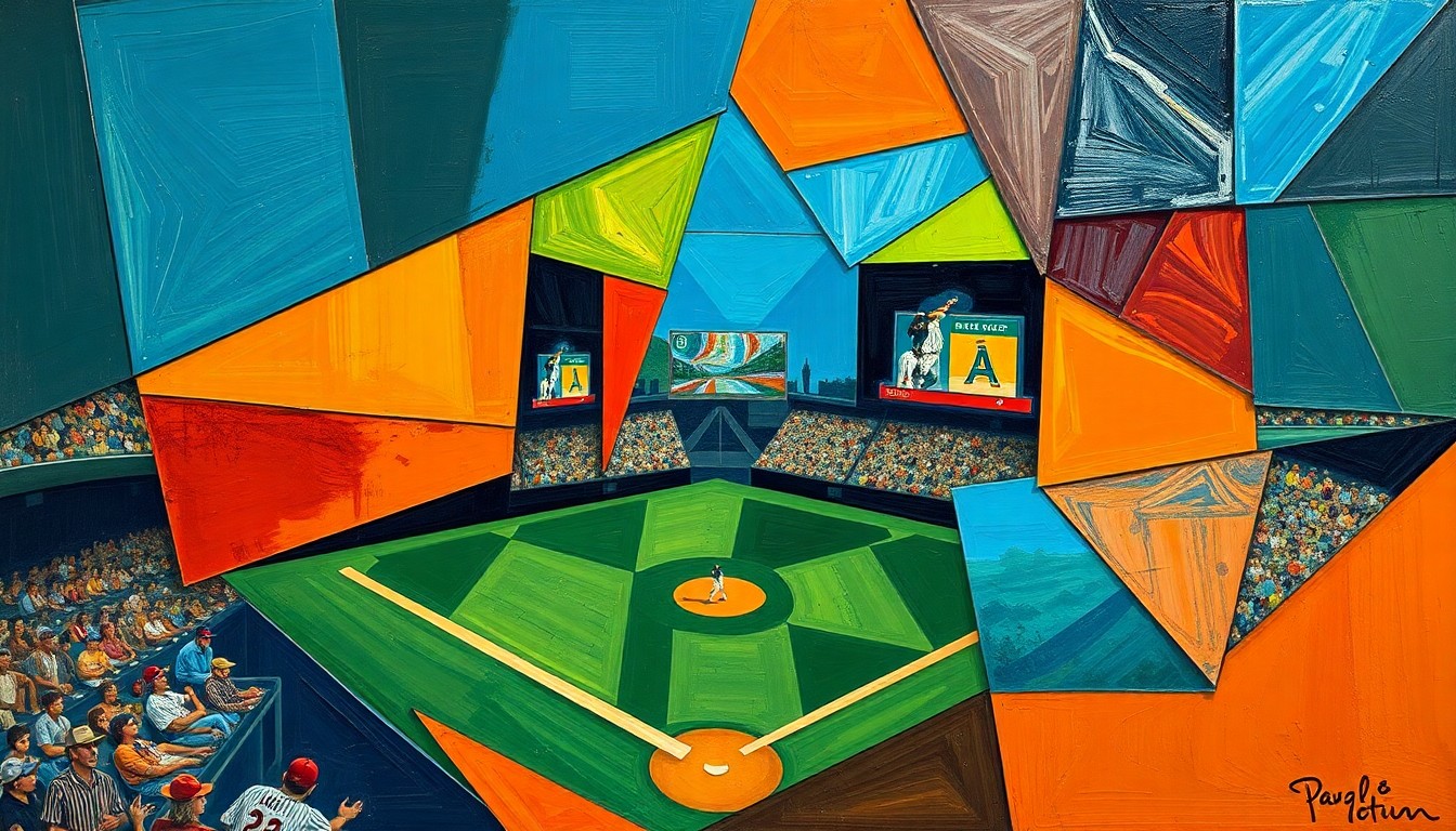A fragmented, geometric painting in bold colors depicting various baseball actions and players in an abstract, cubist style, conveying the intensity and strategy of the game.