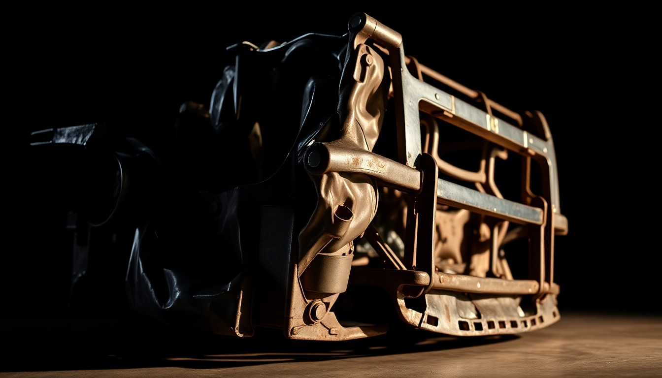 An abstract close-up photograph of crumpled, twisted metal NASCAR truck parts in high-contrast studio lighting, conveying the drama and aftermath of Frankie Muniz's crash without depicting any specific people or vehicles.