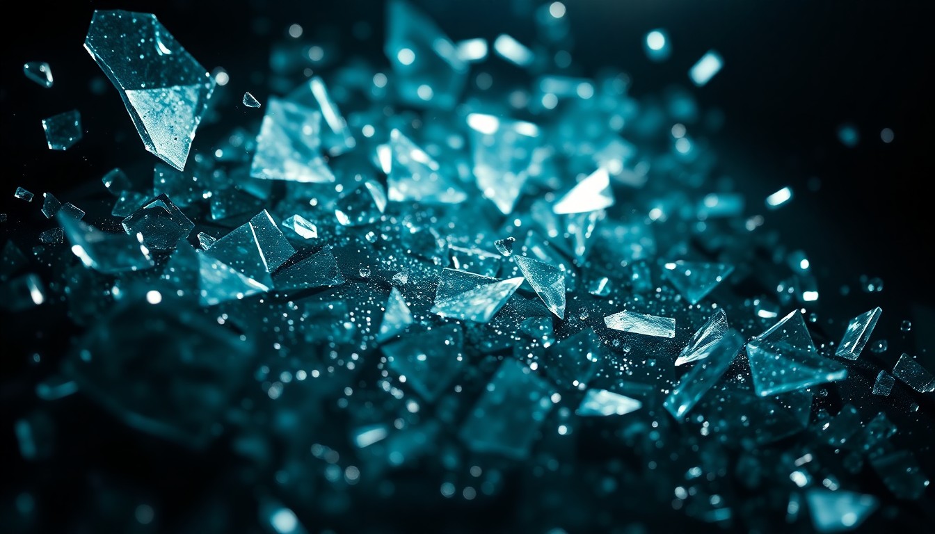 An extreme close-up photograph of shattered glass and glittering shards, captured in dramatic high-contrast studio lighting to evoke the dark fairy tale aesthetic of the film 'Pan's Labyrinth'.