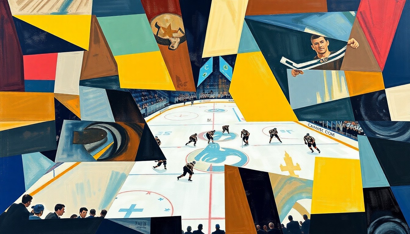 A fragmented, geometric painting depicting the action of a hockey game, with sharp planes of color and form representing the competitive energy of the Ducks and Canucks facing off on the ice.