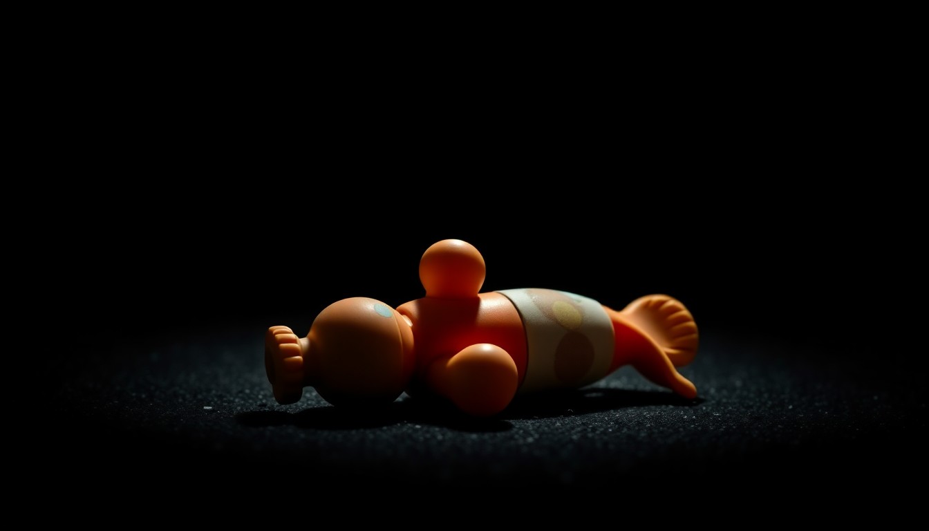An extreme close-up photograph of a small plastic toy car on the ground, its details sharply illuminated by a harsh camera flash against a pitch-black background, conveying a sense of abandonment and the serious nature of the crime.