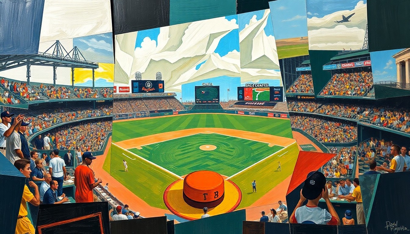 A cubist, geometric painting depicting a baseball game in motion, with players and the field broken down into overlapping, angular shapes and planes in a vibrant color palette.