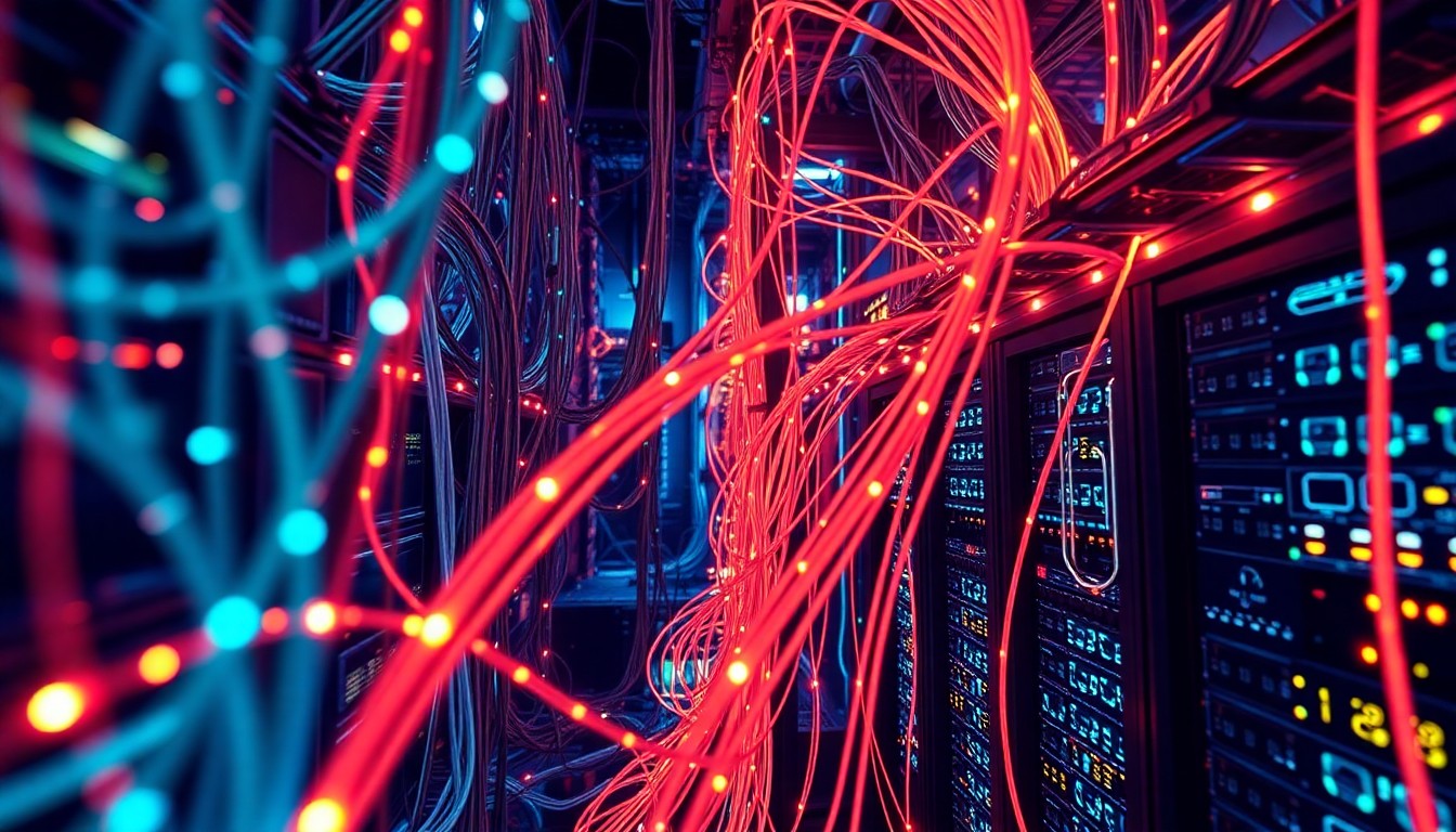 A highly detailed, glowing 3D macro illustration of a complex network of illuminated fiber optic cables, routers, and server racks, representing the vast scale and technological sophistication of Cloudflare's global internet infrastructure.