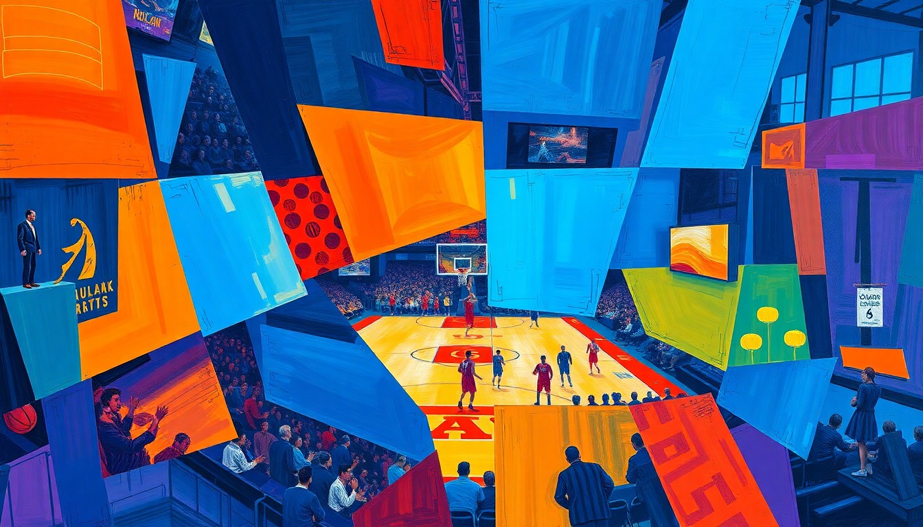 A cubist, geometric painting depicting the fragmented movements and energy of a basketball game, with vibrant colors and overlapping shapes representing the sport's fast-paced action.