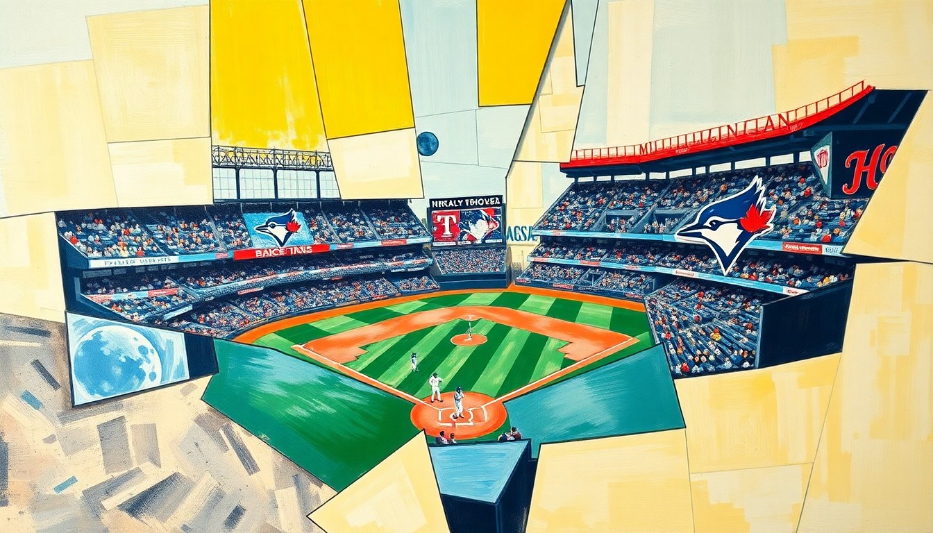 A fragmented, geometric painting depicting a baseball game in motion, with players and field elements broken down into sharp, overlapping shapes and planes of color.
