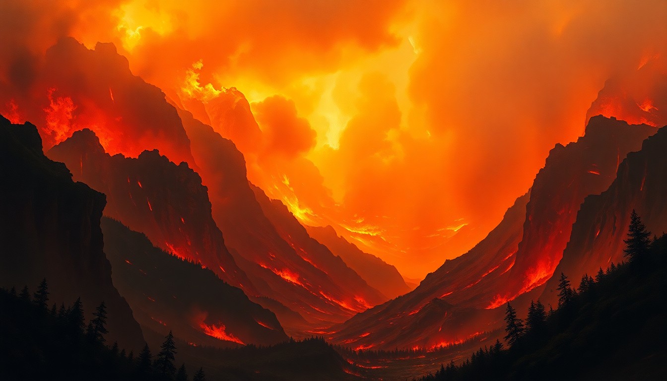 A sweeping, atmospheric landscape painting depicting a massive wildfire consuming the horizon, with the flames and smoke dwarfing any physical structures or objects in the scene.