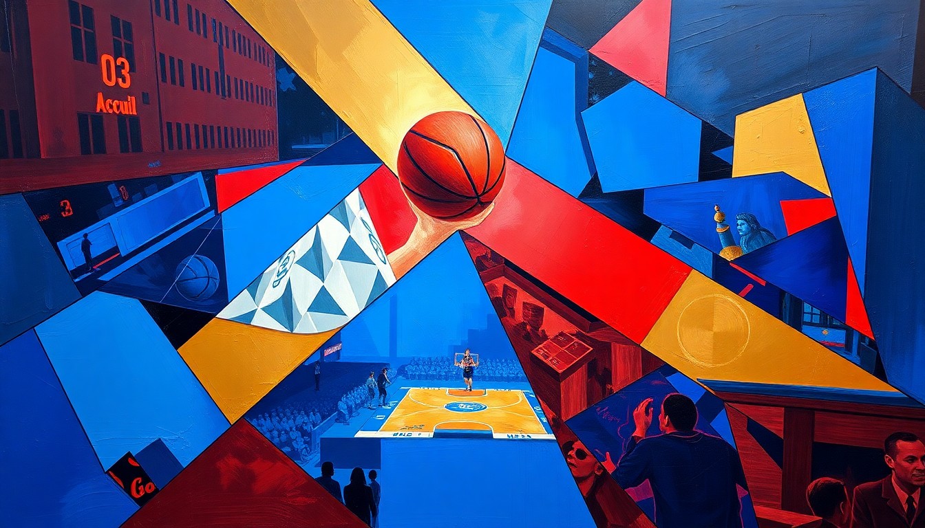 A cubist, geometric painting depicting a fragmented WNBA basketball game, with sharp planes of color and overlapping perspectives capturing the dynamic energy of the sport.