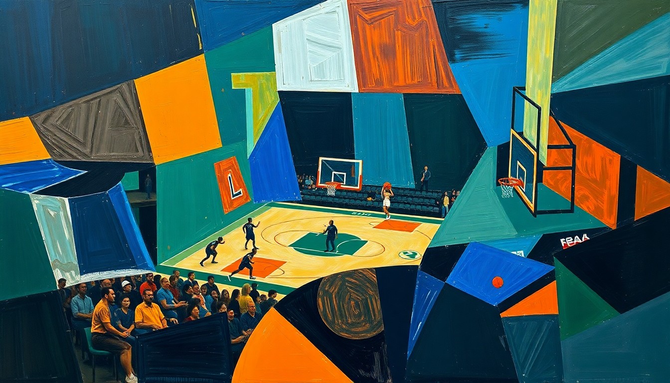 A cubist-style painting featuring sharp, overlapping geometric shapes in navy, green, and orange hues, conceptually representing the fragmented action of a basketball game between the Chicago Bulls and Dallas Mavericks.