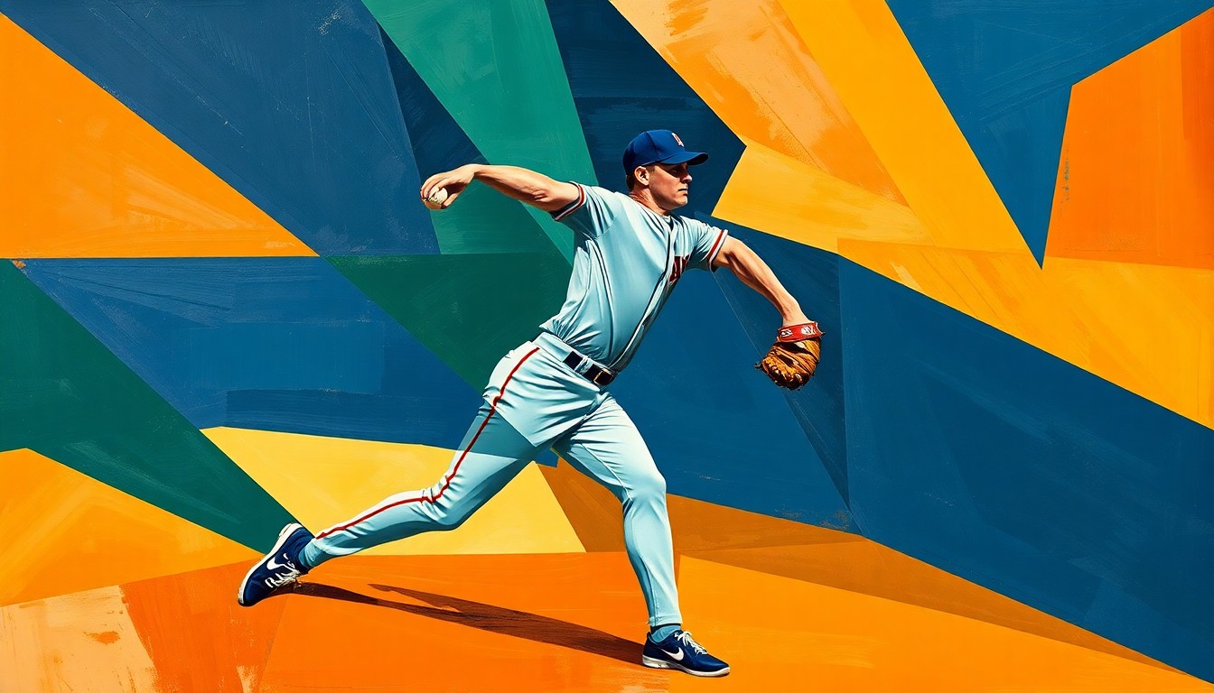 A fragmented, geometric painting in navy, green, and orange hues depicting the overlapping motion of a baseball pitcher's delivery, conveying the sport's inherent power and athleticism.