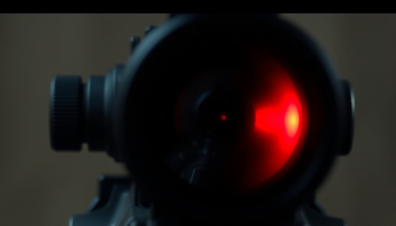 An extreme close-up photograph of a rifle scope lens reflecting a faint red light, conveying the serious and ominous nature of a potential sniper attack without depicting any actual violence.