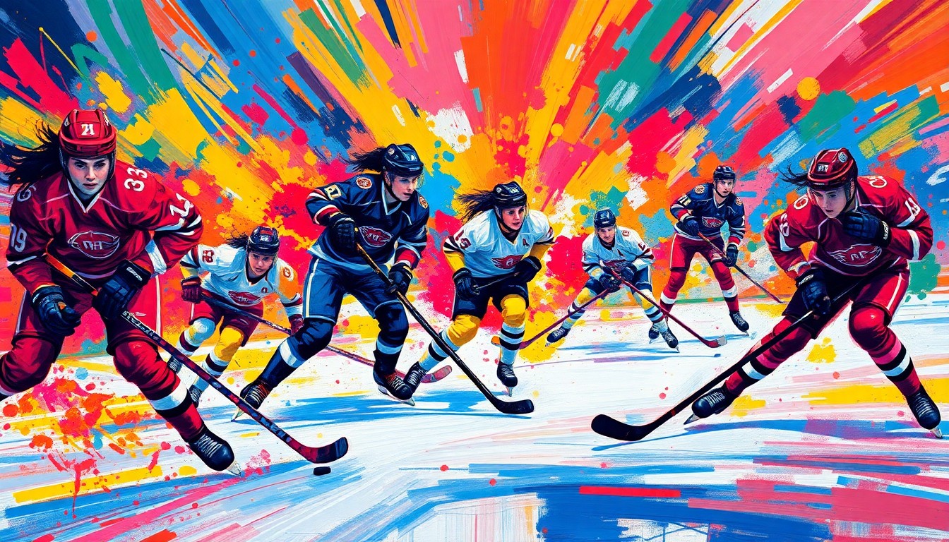 An abstract, expressionist painting in neon colors depicting the frenetic energy and movement of a women's professional hockey game, with players' forms dissolving into vibrant brushstrokes.
