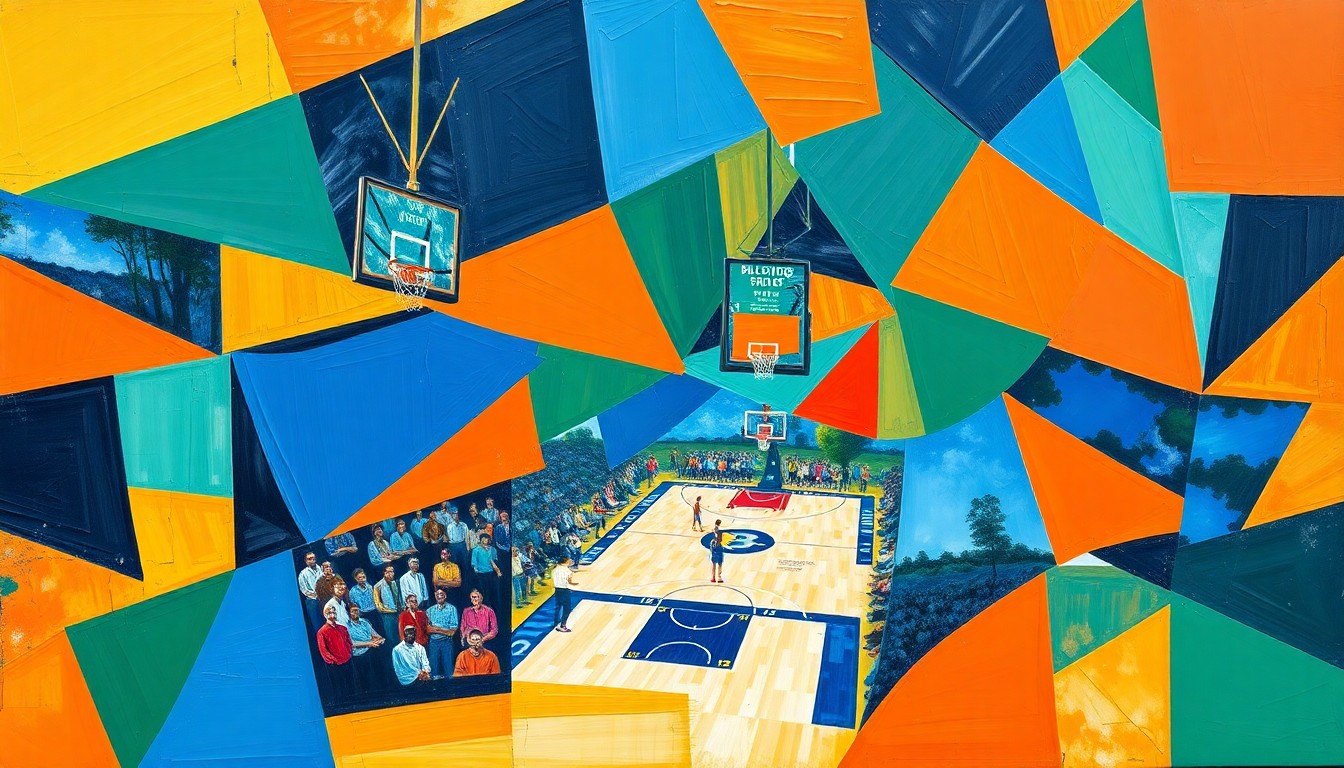 A cubist, geometric painting depicting a fragmented college basketball game, with sharp planes of color representing the unpredictability of the transfer portal season.