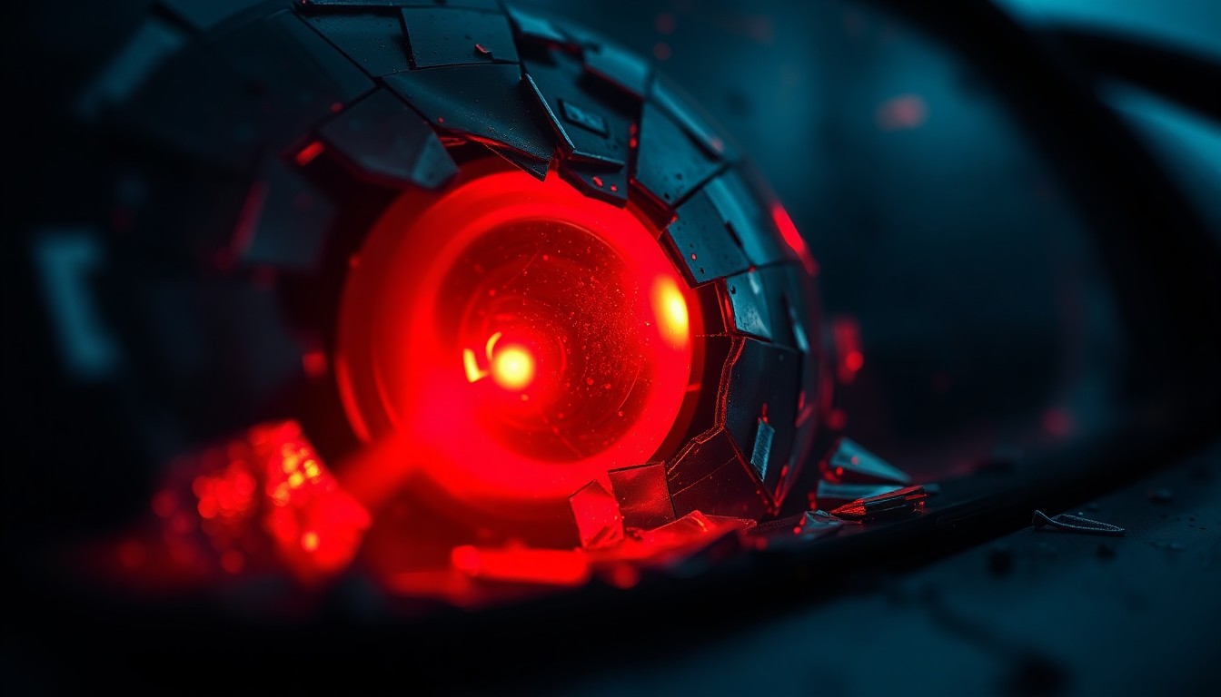 An extreme close-up photograph of a shattered car sensor lens reflecting a faint red light, conceptually illustrating the aftermath of a violent crime.