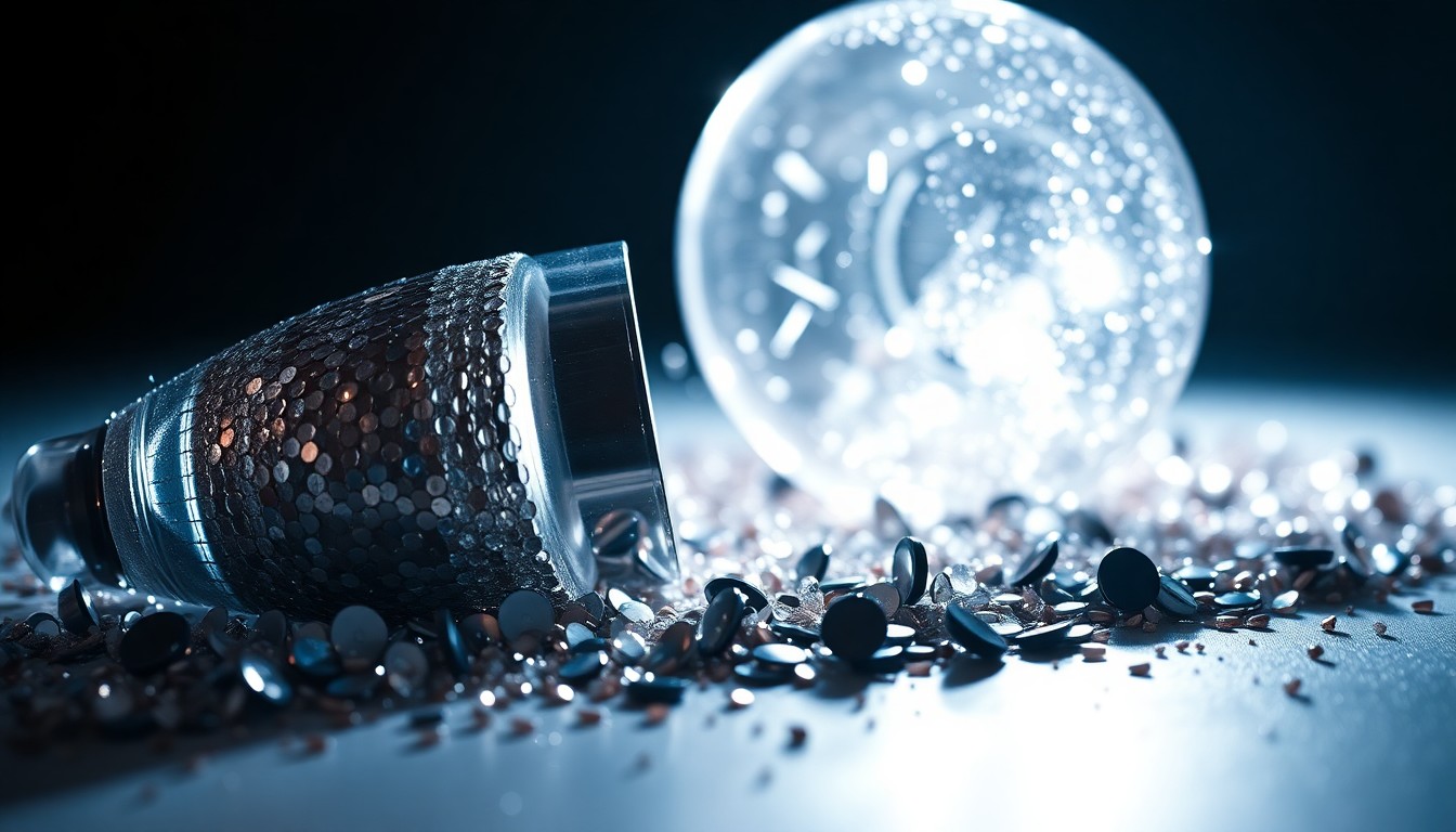 An abstract close-up image of glittering sequins and shattered glass, capturing the high-fashion glamour and excess of celebrity culture.