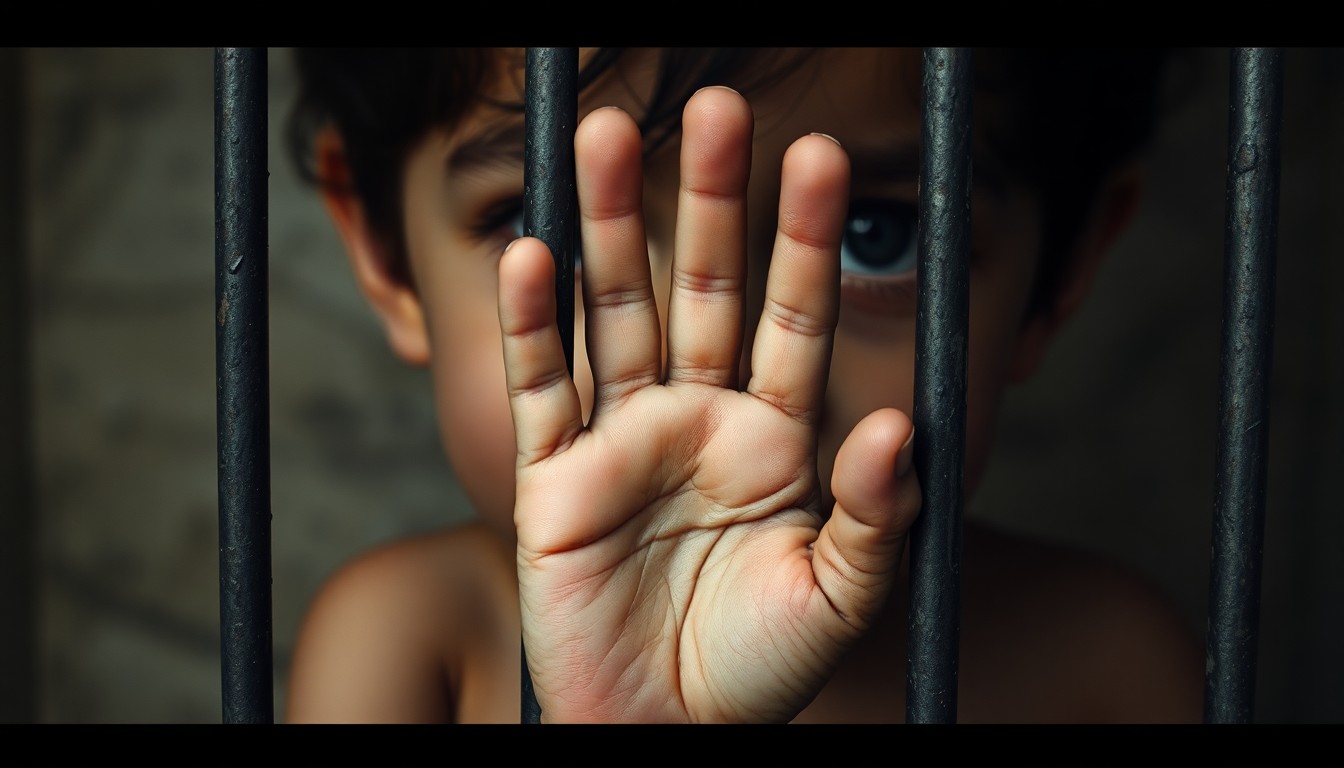 An extreme close-up photograph of a small, malnourished hand reaching out from behind metal bars, conveying a sense of isolation and the harsh realities of child neglect.